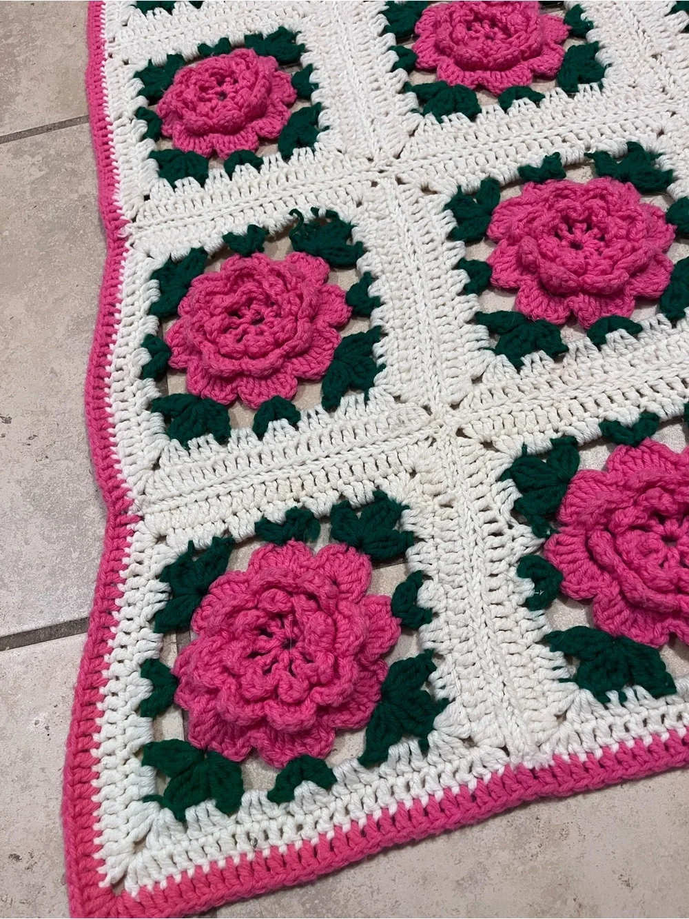 Handmade Crochet Rose Granny Square Throw Blanket Pink Floral Cottagecore 55x65